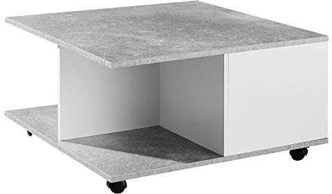 möbelando Design Couchtisch 70x70 cm Zementgrau/Weiß | Wohnzimmertisch mit 2 Schubladen | Sofatisch mit Rollen | Tisch mit 2 Fächern