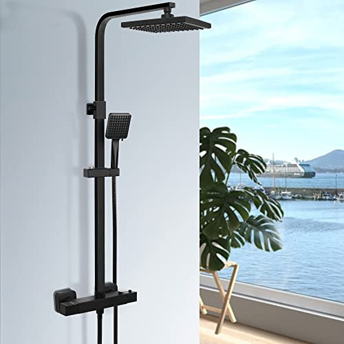 Ronvie Thermostatic Shower Mixer Set, Thermostat Shower Rail System with Adjustable Rainfall Shower Head, Scalding Protection Bath Tap, Anti-Kink Shower Hose (Square, Matte Black)