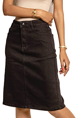 Van Der Rich ® - Knielanger Jeansrock im Ausgestellten Stil aus Dehnbarem Stoff - Damen (Schwarz, EU38)