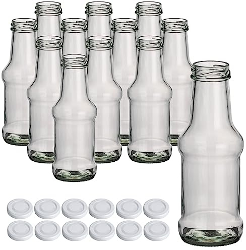 gouveo 12er Set Glasflasche 250 ml (0,25 l) Glasflasche 250 ml Barbecue rund Twist-Off Schraubdeckel TO 38 mm weiß, kleine Saucenflasche zum Befüllen für Ketchup, Grillsauce, Saft, Sirup