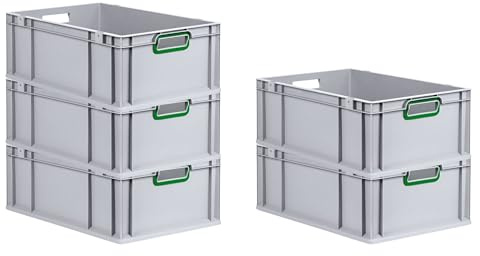 PROREGAL SuperSparSet 5x Eurobox NextGen Color | HxBxT 22x40x60cm | 44 Liter | Griffe grün offen | Verstärkter Boden | Eurobehälter, Transportbox, Transportbehälter, Stapelbehälter