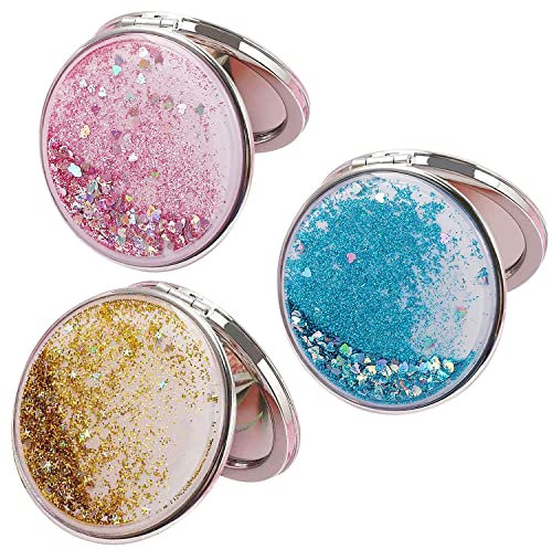 WACH AUF Kompaktspiegel, 3 Stücke Taschenspiegel Mädchen, Tragbarer Taschenspiegel mit Vergrößerung, Faltbar Doppelseitig Handspiegel Klein Rund Mini Schminkspiegel(Rosa, Blau, Gold)