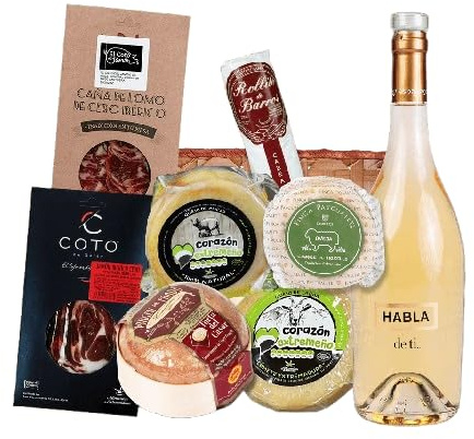 Cesta de Regalo para Empresas con Lomo Ibérico, Paleta Ibérica de Bellota, Queso Torta del Casar, Vino Blanco Habla del Mar – Corazón Extremeño