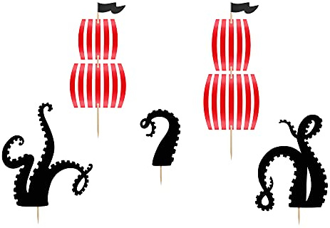 Cake Topper Piraten – 5 Kuchenstecker Piratenschiff Krake | Tortendeko für Piratenparty, Kindergeburtstag, Schatzsuche, Cupcakes & Muffins – Piratenschiff, Segel & Krake