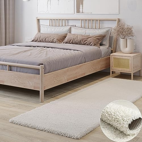 MY-RUG Shaggy Star kuscheliger Langflor Teppich, Rutschhemmende Unterseite, extra Langer Hochflor 37 mm, Pflegeleicht, Super Soft, Felloptik, Creme, Läufer 200 x 80 cm