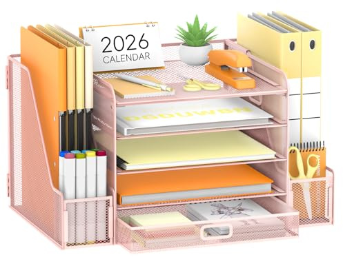 SUPEASY Schreibtisch-Organizer aus Netzstoff mit Aktenhalter, 5-stöckig, Papier-Briefablage, Organizer mit Zeitschriftenhalter, Schreibtisch-Organizer und Aufbewahrung mit Schublade für Bürobedarf,