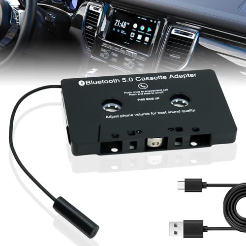 Adattatore cassette per autoradio, ricevitore auto Bluetooth 5.0 audio cassetta per smartphone AUX, lettore CD, adattatore per cassette auto su adattatore AUX, per auto, telefono (nero)