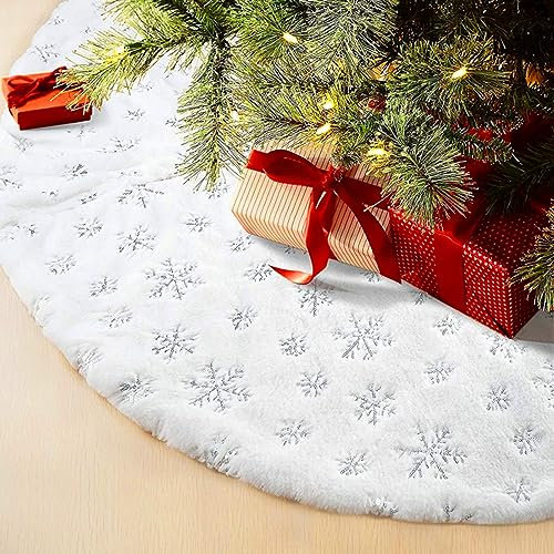 Funmo Weihnachtsbaum Decke Weiß 122cm, Silber Glitter Schneeflocke für Weihnachtsbaumdekoration Rund Plüsch Christbaumdecke, Weihnachtsbaum Rock für Weihnachtsdekoration, Neujahr Party