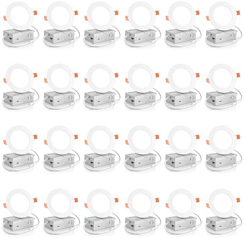 Meconard 24 Pack 4 Inch 5CCT Ultra-Thin LED Recessed Ceiling Light with Junction Box, 2700K/3000K/3500K/4000K/5000K Selectable, 9W Eqv 75W, Dimmable Can Light, 750LM High Brightness Downlight-ETL&FCC
