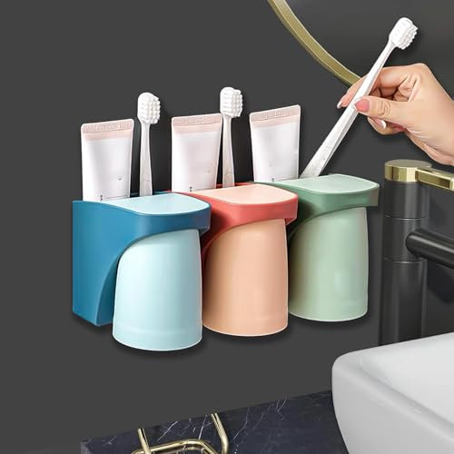 3 Stück Zahnbecherhalter Ohne Bohren: HOMURY Zahnbürstenhalter Wand, Zahnbürstenhalter mit Magnetischem Becher, Zahnputzbecher set für Badezimmer(Rot+Grün+Blau)