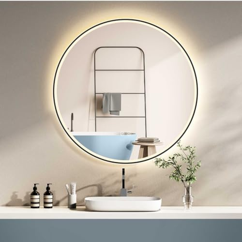 HOKO Design ANTIBESCHLAG Badspiegel rund 60 cm mit Metall Rahmen Matt Schwarz. Runder Bad Wandspiegel LED beleuchtet + Touch Schalter + LED Licht Wechsel