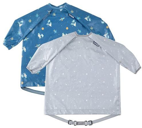 BIBaDO - Paquete de 2 baberos de alimentación para bebés y niños pequeños, baberos de destete LED para bebés, baberos de manga larga, baberos fáciles de limpiar, súper estrellas y aventuras Astro