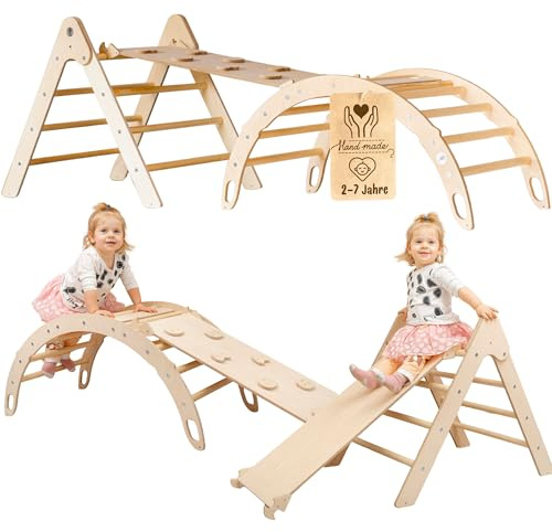 WoodsCraft 3in1 Set: Kletterdreieck, Kletterbogen & Rutsche/Kletterrampe | holz Montessori Klettergerüst indoor, Babyrutsche, Klettern Baby & Kinder