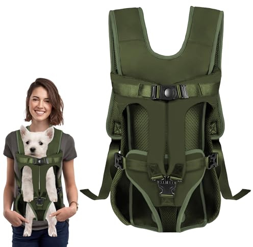 Hunde Trage Rucksack Vorne, Weiche Hund Rucksack Polsterung, für kleine und mittelgroße Hunde mit Beinen draußen, verstellbar, freihändiger Träger für Radfahren und Wandern (Army Grün, S)
