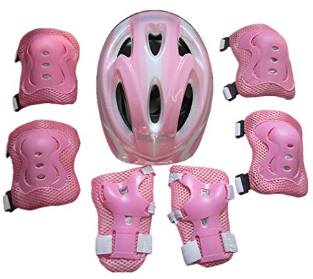 7PCS Kids Bike Helmet Set Girls Boys Protect Helmet Knee Elbow Wrist Pad Sets for Cycling Skate Bike (Pink, One Size)
