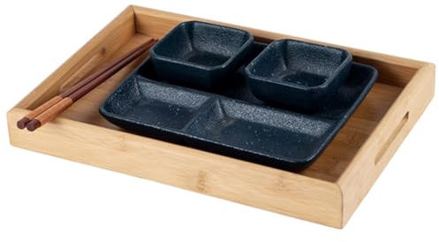 Japanese Style Bamboo Serving Trays with 2X Mini Dish Bowls and Divided Plate for Sauces Durable Tableware Set
