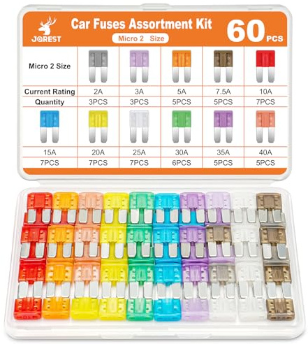 JOREST 60pcs Micro2 Sicherungen Kfz, Auto Stecksicherung Set Autosicherungen Autosicherung Flachsicherungen für PKW/Wohnmobil/LKW/Motorrad (2 Amp 3A 5A 7.5A 10A 15A 20A 25A 30A 35A 40A)