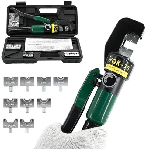 LFGUD 10T Hydraulic Crimping Tool 12 AWG to 2/0 AWG Battery Cable Crimper Tool Hydraulic Lug Crimper Electrical Terminal Wire Crimper with 9 Pairs of Dies Kit, Green