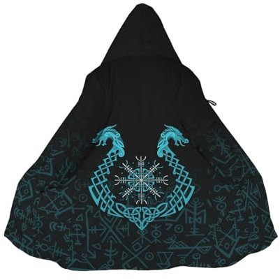 Wikinger Kaftan Herren, 3D Druck Nordisch Tattoo Mode Lässige Sherpa Futter Parka, Winter Warm Verdickt Kapuzenumhang, Mittelalter Hornschnalle kaschmir Mantel, Verkörpern Sie den Geist der Viking(War