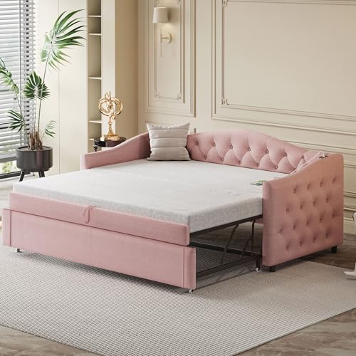 Dolamaní Schlafsofa 90/180x200 cm für Erwachsene 2 Personen, Ausziehbett gleiche höhe Bett Ausziehbar zum Doppelbett, Multifunktionsbett aus hautfreundlichem Leinenstoff (Rosa B)