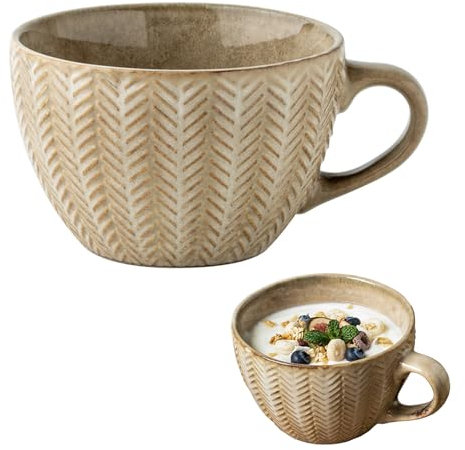 Kaffeetasse Groß, 400 ml Tasse Groß, Keramik Suppenschüssel mit Henkel, Kaffeebecher, Müslischalen Salat Schale mit Henkel, XXL Cappuccino Tassen, Ramen Schüssel (Hellgelb)