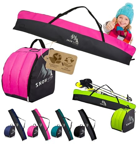 Barn skidset [skidskoväska + skidväska för barn] ryggsäck för stövlar hjälm skidglasögon barnskidryggsäck skidväska för skidstavar handskar barnskidväska (svart/rosa, 145 cm)