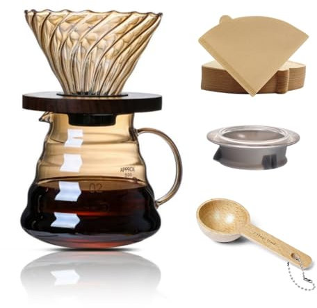 CHDEXU Pour Over - Set di caffettiera in vetro borosilicato da 600 ml, con coperchio in vetro, 50 filtri di carta, manico in noce, gocciolatore per caffè, ristorante, colore: oro