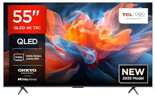 TCL 55T8C 55” QLED 4K 144Hz HDR UHD TV, Smart TV Powered by Google TV (Dolby Vision & Atmos, 144Hz Motion Clarity Pro, FreeSync, Onkyo 2.1 sound, Voice Control, compatible with Google Assistant, Cast)