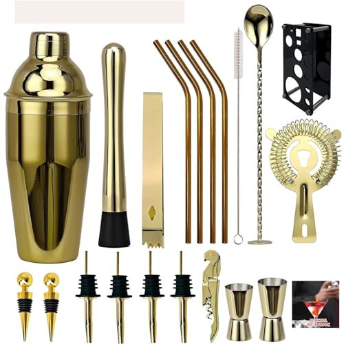 CQJJXKYC Cocteleras 20 Piezas coctelera Boston Negra/Oro Rosa/Plata, Juego de coctelera, Herramientas de Bar, Soporte para Receta de cóctel Juego de Cocktail Shaker(Gold2)