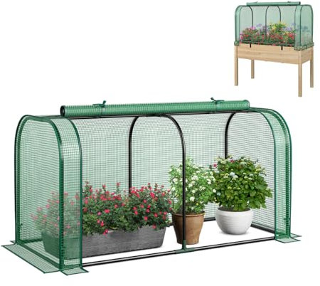 GOPLUS Mini Gewächshaus, Tomatenhaus mit Rolltür & Metallrahmen, PE-Abdeckung für Hochbeet, Foliengewächshaus Frühbeet, Treibhaus für Gemüse, Blumen, Pflanzen, 118 x 55 x 60 cm (Grün)