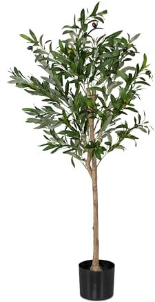 Relaxdays Olivo Artificial, Árbol de Plástico Realista, 120 cm de Alto, Decoración Hogar y Oficina, Verde y Marrón, Piedra