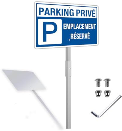 Panneau Parking Privé Emplacement Réservé avec Piquet Aluminium Réfléchissant 20x30cm, Panneau Stationnement Métallique Résistant aux Intempéries, Imperméable et Résistant aux UV