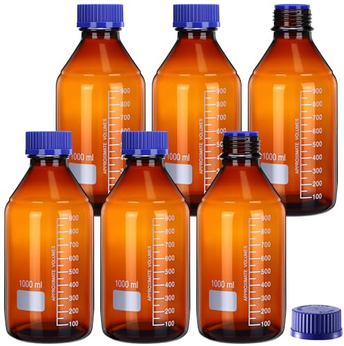 Tellegloww 6 Pieces 1000 ml Reagent Media Bottles Amber Glass 1000 ml Graduated Round Lab Reagent Media/storage Bottle with Blue Screw Cap