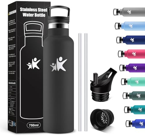 KollyKolla Trinkflasche Edelstahl 750ml Auslaufsicher Wasserflasche mit Strohhalm, BPA-Frei, Doppelwandige Vakuumisolierte, Doppelwandige Vakuumisolierte, Wasserflasche für Reisen, Camping, Wandern