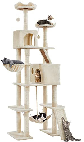 Yaheetech Cat Tree, 209 cm Multiple-level Large Play Tower with 2 Platforms, 2 Cozy Condos, Dangling Balls, Basket, Hammock, Ladder/Ramp for Indoor Small/Medium Kittens, Beige