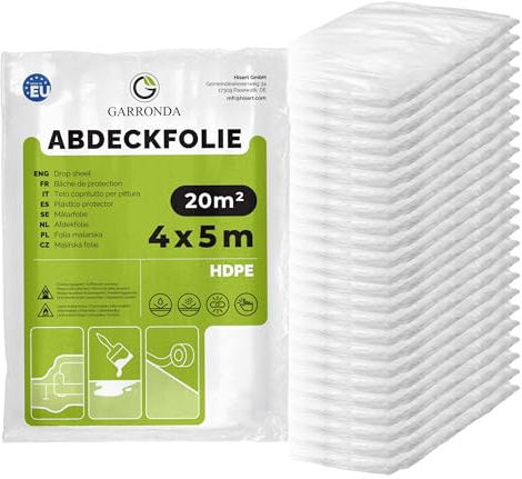 Garronda 24 Stück 4x5 m Abdeckfolie Malerfolie Abdeckplane HDPE GD-0166 | Transparent, reißfest, als Staubschutzfolie, Baufolie und Schutzfolie für Renovierung, Umzug, Möbel- und Bodenschutz