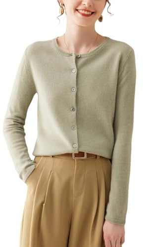 DISSA Damen Kaschmir Strickjacke Grün Rundhals Langarm Cardigan Damen Kaschmir und Wolle Unifarbener Relaxed Dünner Strickjacke,EU 44,MN606