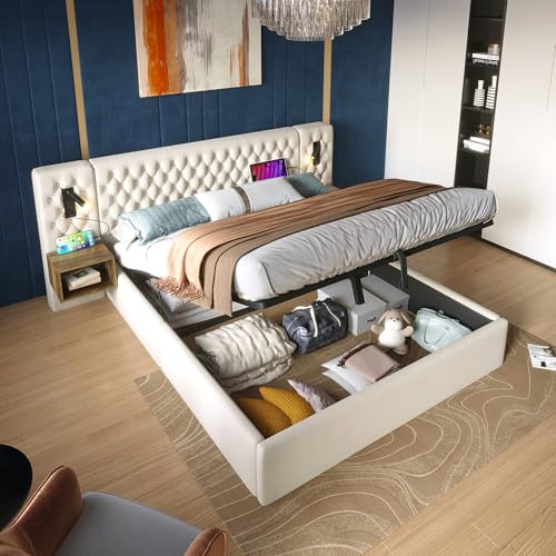Aunvla Bettanlage Schlafzimmer Komplett Set,Polsterbett Hydraulisch Stauraumbett Doppelbett 160×200 cm mit 2 Nachttischen, Kopfteil Leselicht mit USB Ladefunktion, Beige, Samt(Ohne Matratze)