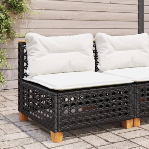 QJBSAVVA Gartensessel ohne Armlehnen 63,5 x 63,5 cm Schwarz Poly Rattan Akazienholz Cremeweiße Outdoor Kissen UV-beständig für Balkon Terrasse und kleine Gärten