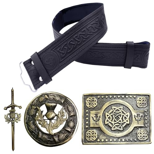 Kilt Belt and Buckle Set — Scottish Thistle Embossed Leather Belt, Handmade Pewter Plaid Brooch with Antique Celtic Knot Buckles, Antique Silver Finish (Celtic Trinity - Antique, Medium, 32-36 Inch)