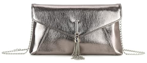LeahWard Evening Clutch Purse, Chain Strap, Tassel Detail, Envelope Design (Pewter)