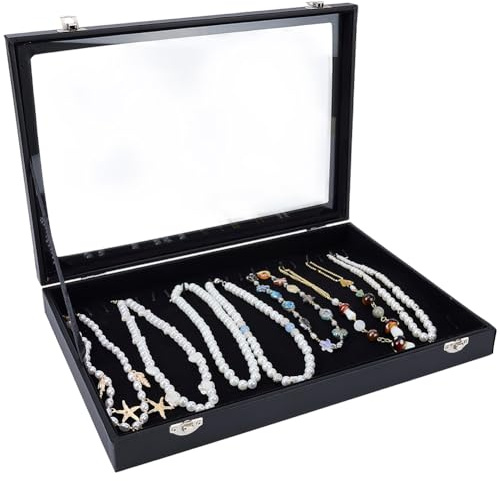 CREATCABIN Schmucktablett Mit 20 Haken Halsketten Organizer Tablett Mit Glasdeckel Schubladen Schmuckständer Halterbox Armbänder Anhänger Ketten Schmuckkästchen Aufbewahrungsbox Für Damen Schwarz