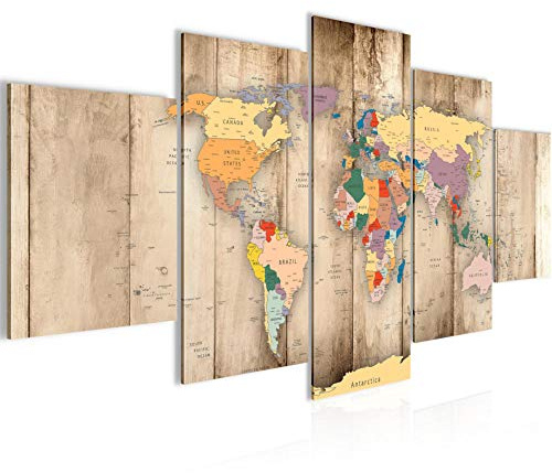 Runa Art Murali Da Parete Mappa Del Mondo Legna 5 Pezzi Quadro Tela Non Tessuta Decorazione Soggiorno Continenti Curvatura 108752a