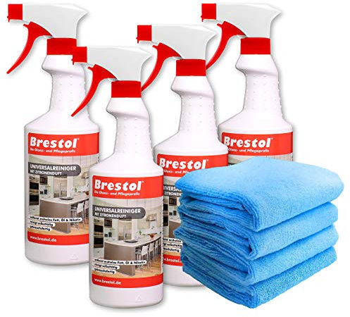 FETTLÖSER Zitrone SET6 (4x 750 ml gebrauchsfertig + 4x Mikrofaser Universaltuch 40 x 40 cm blau) Nikotinentferner Allzweckreiniger Küchenreiniger Entfetter für Dunstabzugshauben