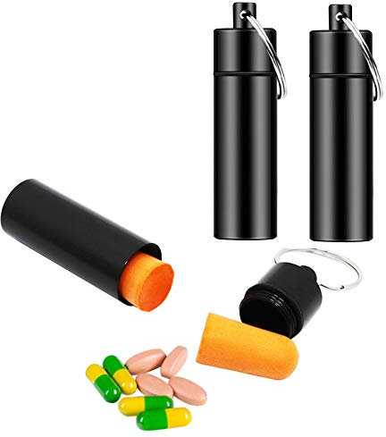 3 Packs Keychain Pill Holder, EFFIET Waterproof Pill Fob Case Box Outdoor Container for Emergency Medicine, Foam Earplug Storage Case with Ear Plugs (Black)