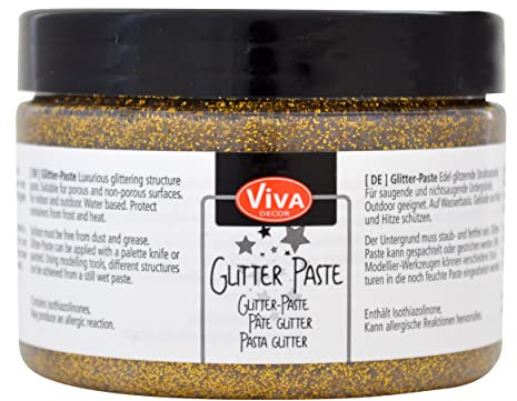 Viva Decor Glitter-Paste (Gold, 150ml) Glitzerfarben zum Basteln/Bemalen/Schablonieren - glitzernde Effektpaste - Farbe für Glas, Porzellan, Holz, Ton uvm. - Made in Germany
