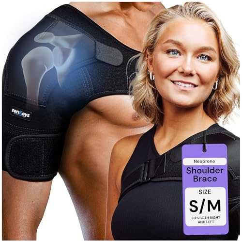 ZENKEYZ Shoulder Brace for Men & Women - Size S/M (Chest 28-38) - Black Neoprene Compression Sleeve - Adjustable Strap for Rotator Cuff & Joint Stability - Integrated Ice/Heat Pocket - Ambidextrous Support
