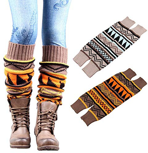 Kaxich 2 Paar Damen Stulpen Winter Gestrickte Beinlinge Verdicken Lange Socken Böhmen Beinstulpen Beinwärmer Boot-Abdeckun
