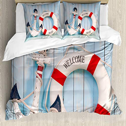 ABAKUHAUS Schäbig Bettwäsche Set für Doppelbetten, Anker und Rettungsring, Weicher Microfaserstoff Allegigeignet kein Verblassen, Rot Hellblau Navy Blau