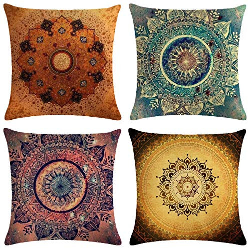 Neusky 4er Set Dekorativ Kissenbezug Mandala Muster 45 x 45cm Sofa Büro Dekor Kissenhülle aus Baumwoll und Leinen (Mandala)